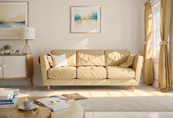 Fototapeta na wymiar 23. Modern furniture and framing. A sunlit window, sofa and ivory-colored room.