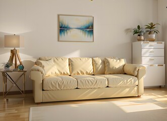 21. Modern furniture and framing. A sunlit window, sofa and ivory-colored room.
