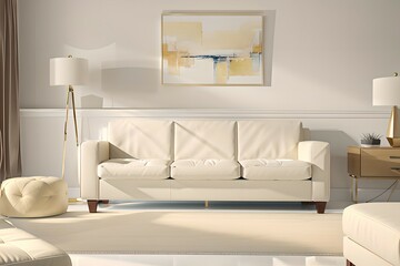 17. Modern furniture and framing. A sunlit window, sofa and ivory-colored room.