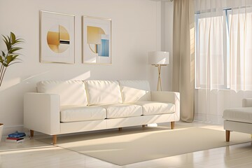 16. Modern furniture and framing. A sunlit window, sofa and ivory-colored room.
