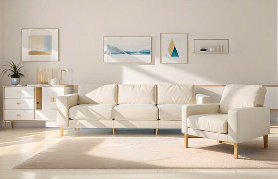 18. Modern furniture and framing. A sunlit window, sofa and ivory-colored room.