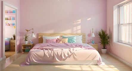 6. A pink and ivory bedroom with a neat bed and sunlight. Generative AI