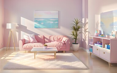 8. Modern ivory design living room sofa and pink and ivory room. the interior design of a house. Generative AI