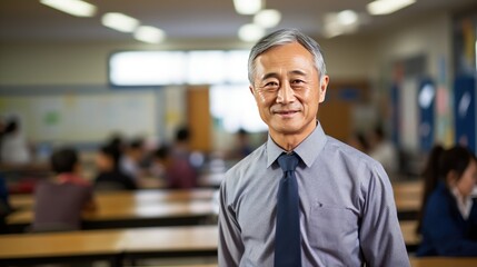 Naklejka premium Portrait of a senior Asian male teacher in a classroom