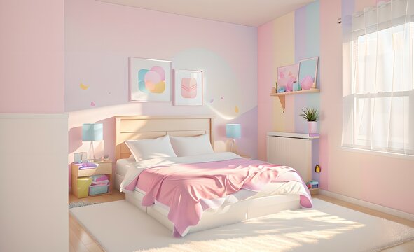 5. A pink and ivory bedroom with a neat bed and sunlight. Generative AI