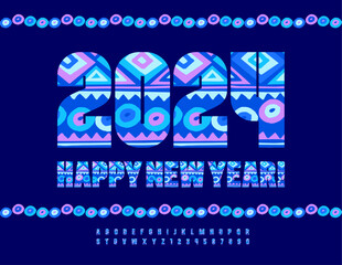 Vector bright Greeting Card Happy New Year 2024! Creative set of Motley Alphabet Letters and Numbers. Blue pattern Font