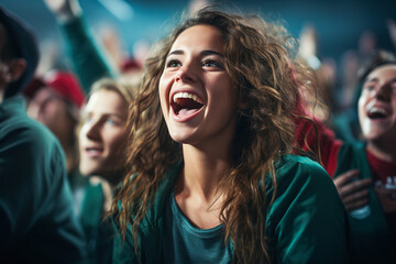 the world of soccer celebrating in a stadium showing cheering young brunette woman with long curly hairs 