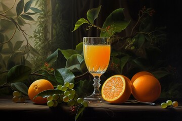a painting of a glass of orange juice with a fruit branch and pieces of fruit on the side. Generative AI