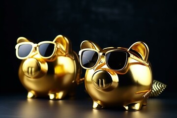 golden piggy banks with sunglasses. Generative AI