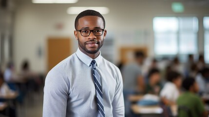 Portrait of a young African American male teacher in a classroom - obrazy, fototapety, plakaty