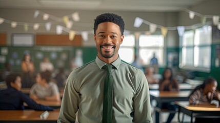 Fototapeta premium Portrait of a young African American male teacher in a classroom