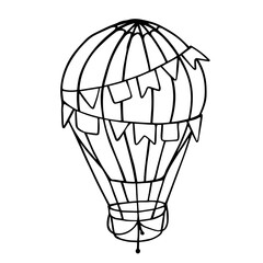 Linear sketch, coloring of a flying transport balloon. Vector graphics.