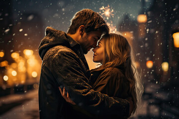Young couple embracing and touching heads, smiling joyfully in a snowy city on Valentine's Day or New Year's Eve celebration.