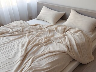 Fototapeta na wymiar Beige crinkle bedroom pillows, front view, minimalist Scandinavian interior