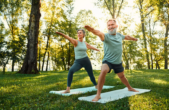 Active retirement life. Determined family couple standing on rubber mats in national park and performing warrior asana pose. Aged man and woman showing strength and flexibility when practicing yoga.