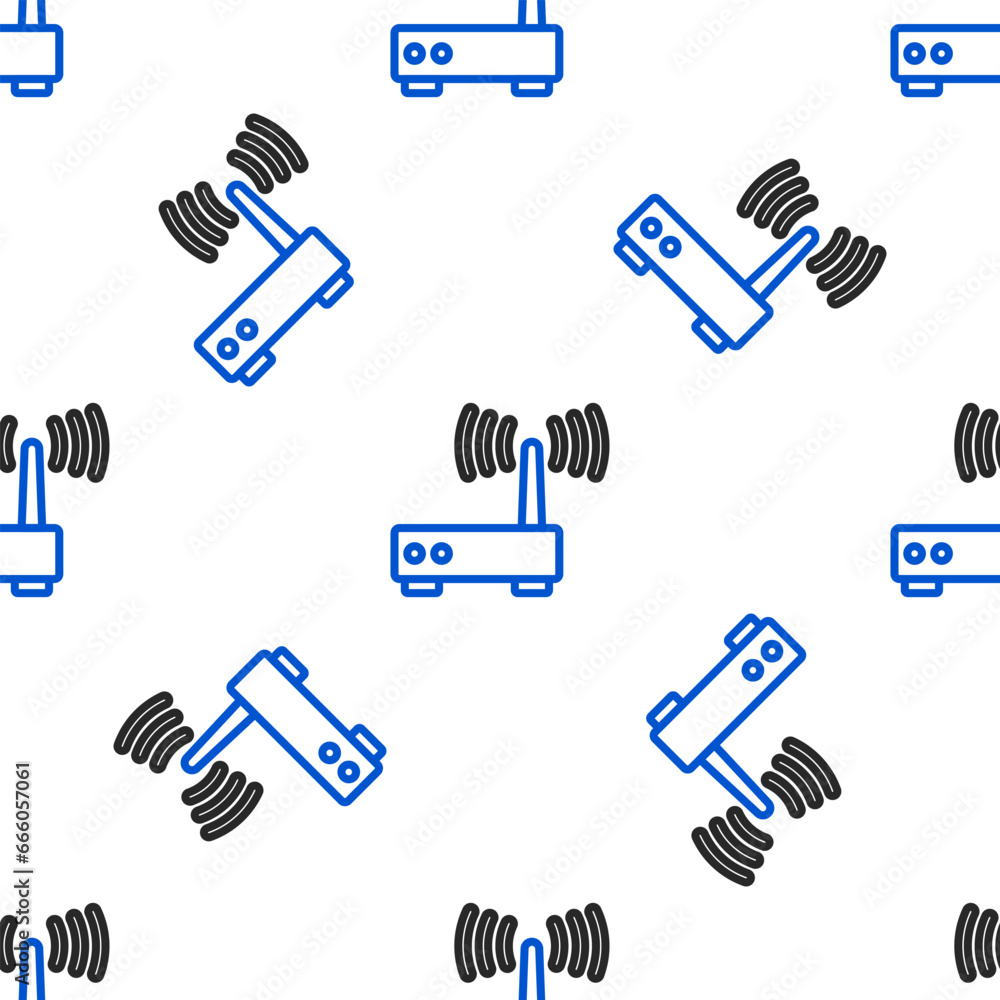 Poster line router and wi-fi signal icon isolated seamless pattern on white background. wireless ethernet m