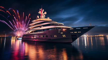 A vibrant evening party on a super yacht, colorful lights, people dancing, fireworks in the sky - obrazy, fototapety, plakaty