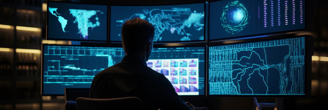 A scientist looking at DNA sequences on multiple computer monitors, background filled with DNA helix and genetic data visualizations
