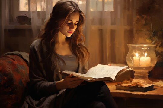 Young woman reading book at home interior in evening light. Female rest comfort read learning. Generate Ai