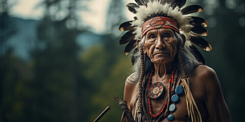 Documentary - style portrait, indigenous elder in traditional attire, natural habitat, emotionally resonant - obrazy, fototapety, plakaty