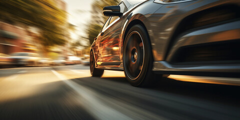 Dynamic car chase scene, focus on spinning wheels and blurred background, motion blur, intense