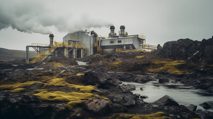 Geothermal energy plant, steaming vents, rocky terrain, shot during overcast day