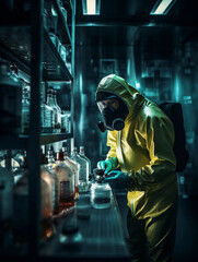 High - stakes lab setting, scientist in hazmat suit handling a hazardous material in a containment chamber, suspenseful mood