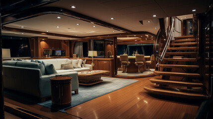 Inside a luxury yacht, showing opulent furnishings and state - of - the - art technology, warm lighting - obrazy, fototapety, plakaty