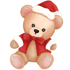 Adorable watercolor baby teddy bear in red santa clothes and top hat clipart. Watercolor animal illustration.Christmas animal decoration.
