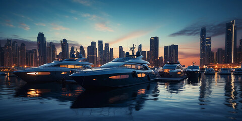Multiple yachts docked at a high - end marina, sky transitioning from sunset to twilight, city...