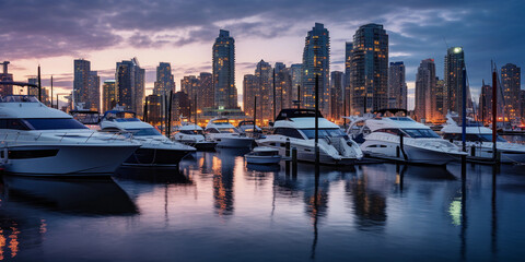 Multiple yachts docked at a high - end marina, sky transitioning from sunset to twilight, city skyline in the background