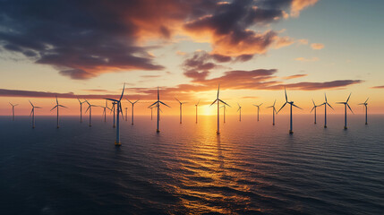 Offshore wind farm, sunset, dramatic sky, shot from an aerial drone