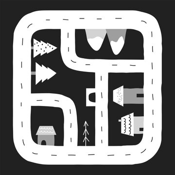 Cute kids monochrome print. Nordic town map. Vector hand drawn illustration.