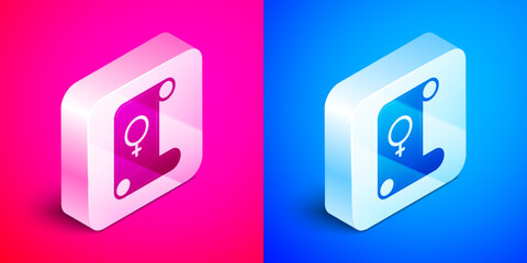 Isometric Feminism icon isolated on pink and blue background. Fight for freedom, independence, equality. Silver square button. Vector