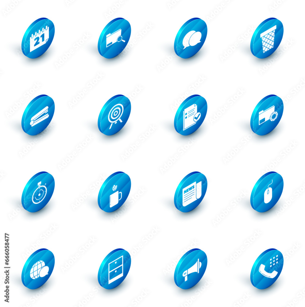 Poster set search concept with folder, speech bubble chat, trash can, office stapler, briefcase, target, fo
