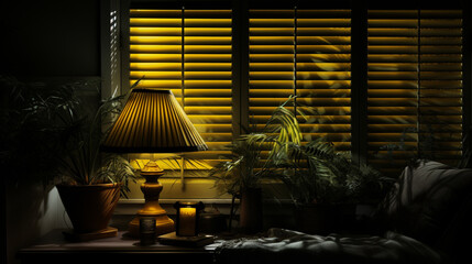 Dark, moody atmosphere set by yellow light softly piercing through the blinds. Generative Ai