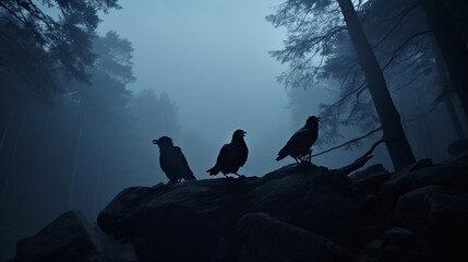 Dead cliff road on the dead mysterious forest with three crows on the night. Generative Ai