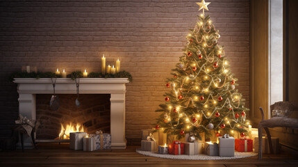 Decorated Christmas room with beautiful fir tree. Generative Ai