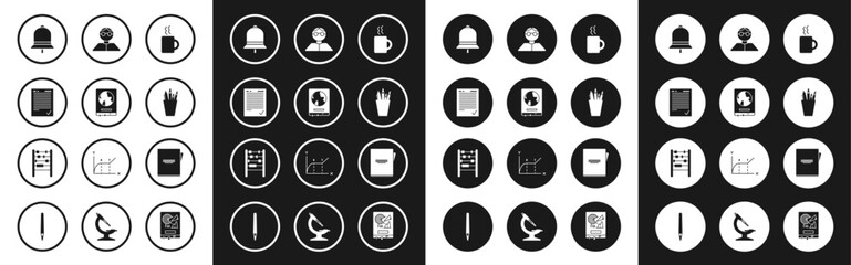Set Coffee cup, World map on a school blackboard, Exam sheet with check mark, Ringing bell, Pencil case stationery, Student, Notebook and Abacus icon. Vector
