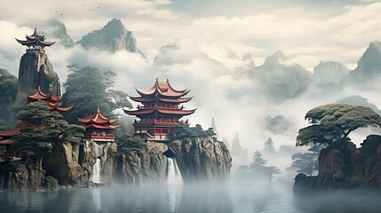 chinese landschape with temples and waterfalls