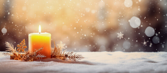 Burning Christmas candle and snow - obrazy, fototapety, plakaty