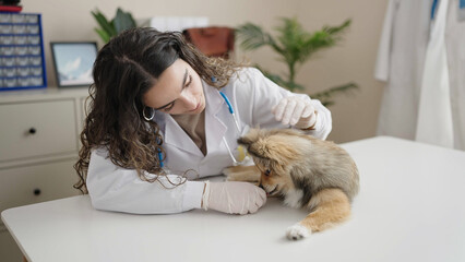 Young hispanic woman with dog veterinarian examining at clinic
