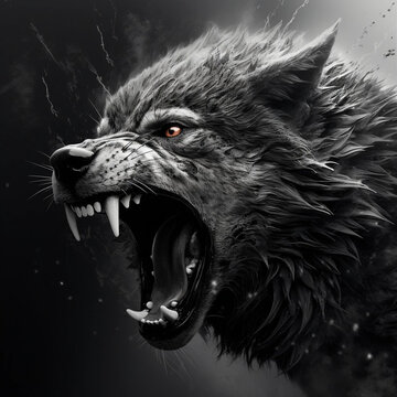 A Black and White Snarling Wolf Head