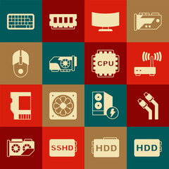 Set Hard disk drive HDD, LAN cable network internet, Router and wi-fi signal, Computer monitor screen, Video graphic card, mouse, Keyboard and Processor with CPU icon. Vector