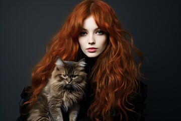 Portrait of a beautiful young woman with long red hair and cat