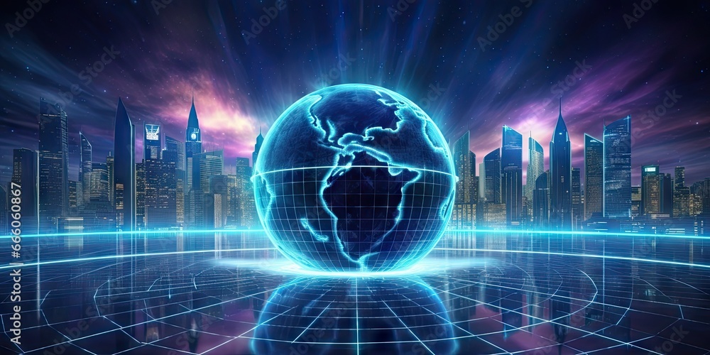 Poster connected world. blue global technology network. futuristic digital earth. tech concept. enhanced pl