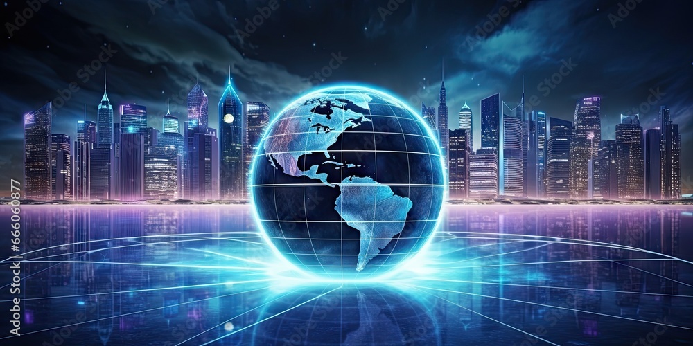 Poster connected world. blue global technology network. futuristic digital earth. tech concept. enhanced pl