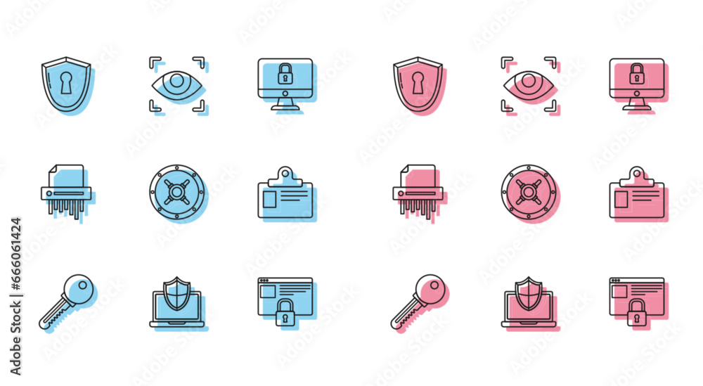 Poster set line key, laptop protected with shield, shield keyhole, secure your site https, ssl, safe, ident