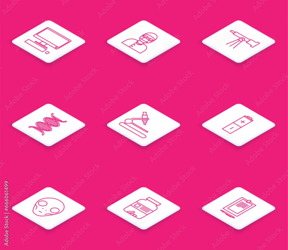 Poster set line computer monitor with keyboard and mouse, assistant, telescope, dna symbol, microscope, bat