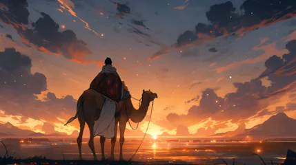 Rolgordijnen a man wearing a robe crosses the Sahara desert with his camel as the sun sets © Tendofyan
